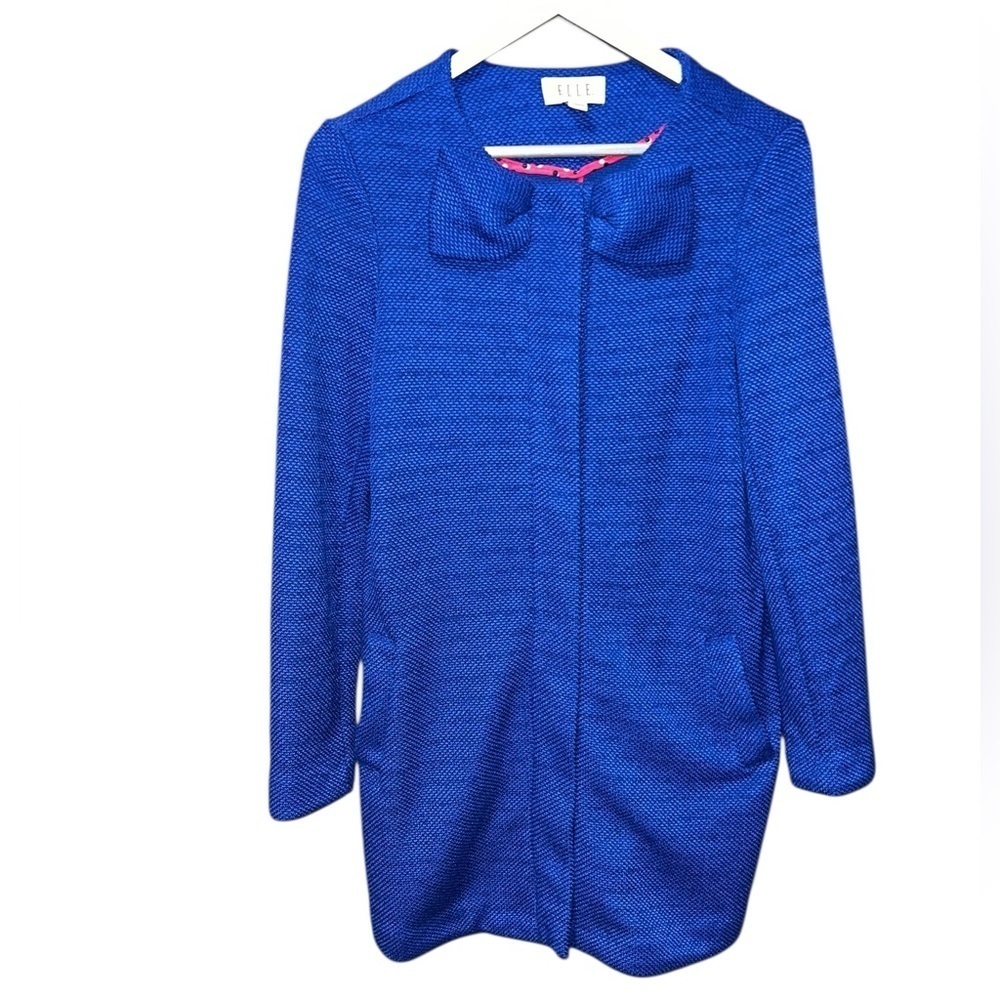 Elle Royal Blue Bow Collar Textured Coat Size Small - Picture 4 of 13